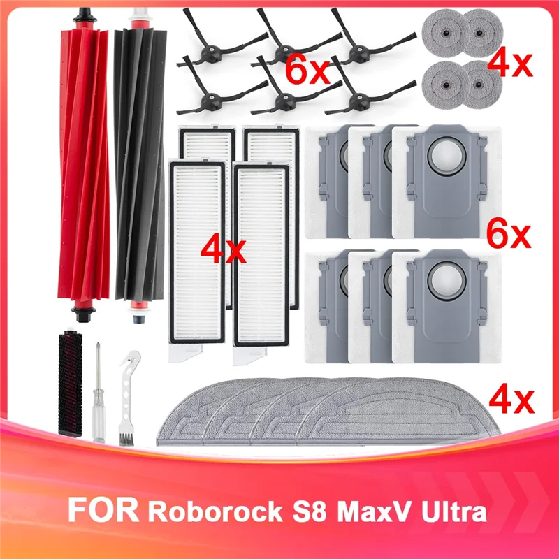 

ABRS-Accessories Kit For Roborock S8 Maxv Ultra Robot Vacuum,Main Brushes,Dust Bags, Mop Cloths, Filters,Side Brushes