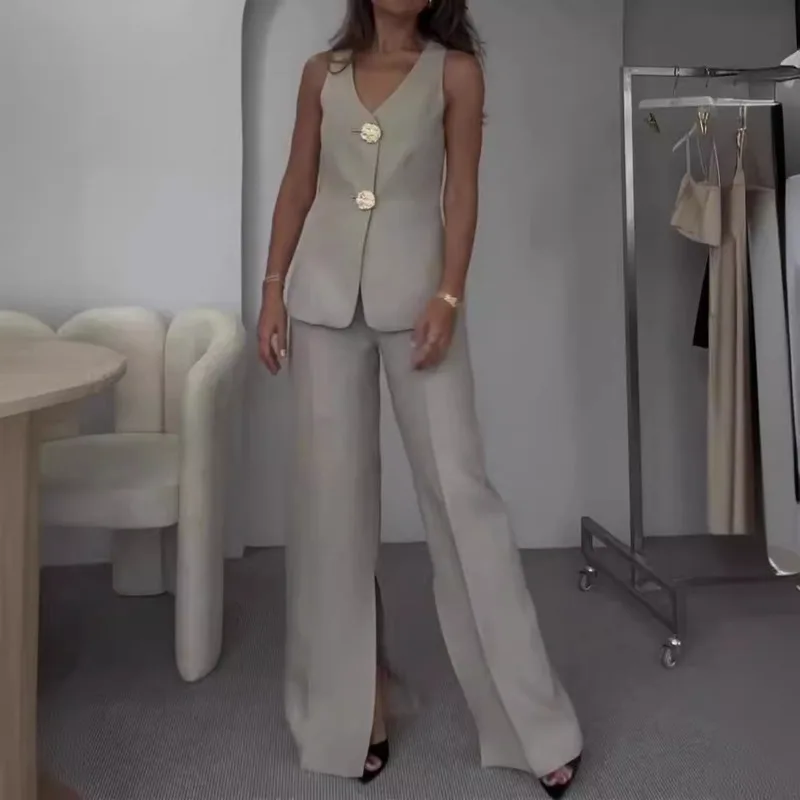 Summer Fashion Split-Leg Wide-Leg Pants Solid V-Neck Sleeveless Vest Tank Top Two-Piece Set Women's Slim-Fit Tailored Clothing