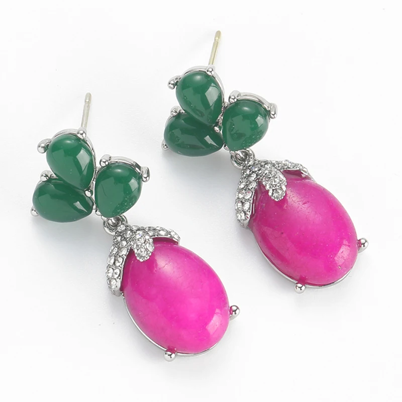 Vintage Rose Red Green Agate Drop Earrings Natural Stone Plant Silver Color Rhinestones Accessories For Women Valentine Day Gift