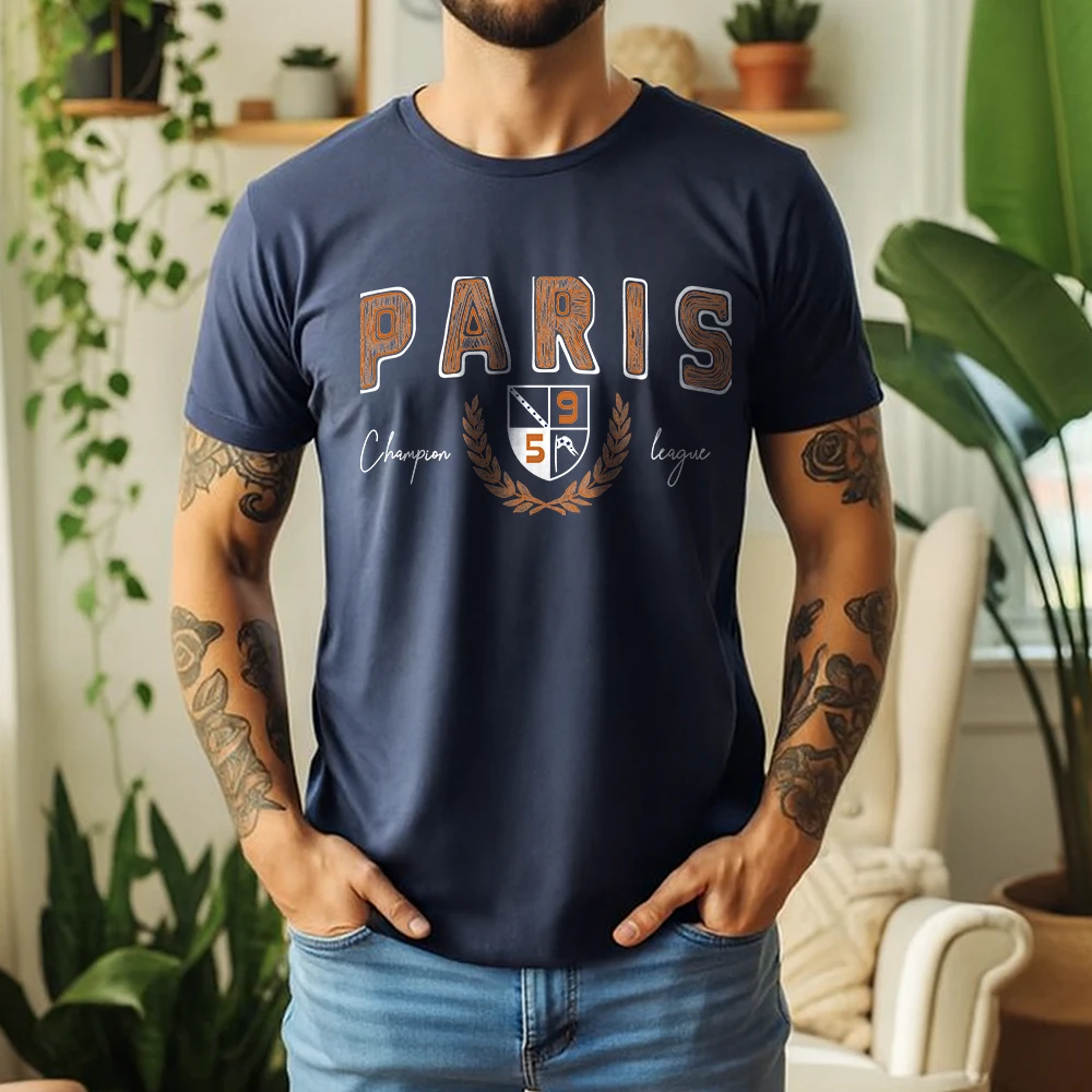 Mens 100% Cotton T Shirt Paris 59 Vintage Woodcut Letter Laurel Wreath Star Graphic Print Breathable Short Sleeve Daily Wear