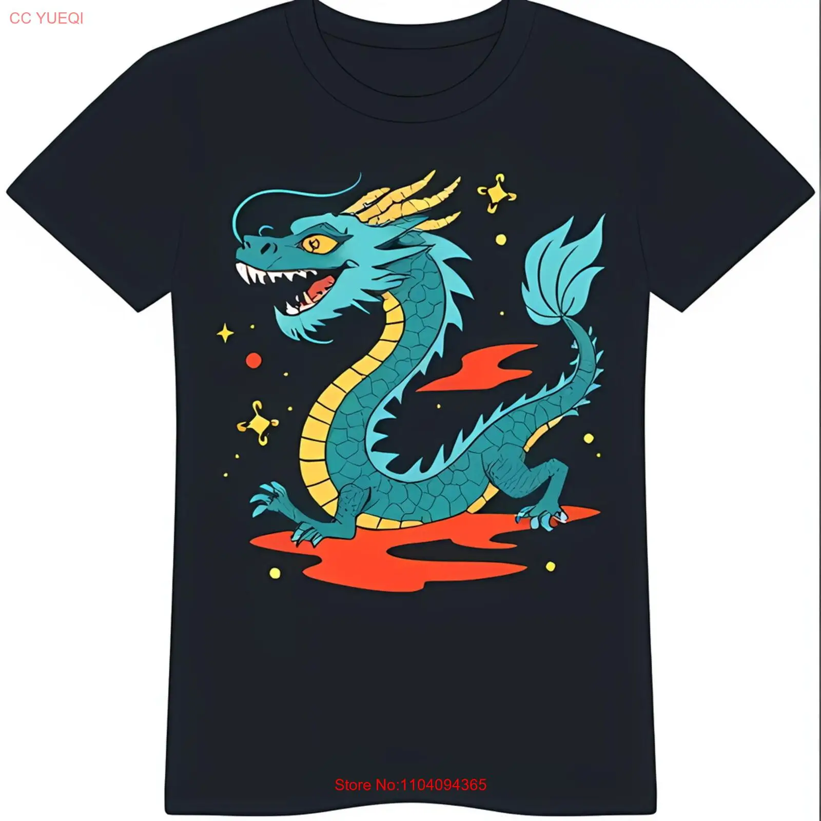 

Причудливая бирюзовая и красная мультяшная графика на черной футболке для