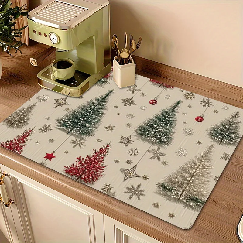 Vintage Neutral Christmas Tree Drying Mat  Star Snowflake Bauble Print Non Slip Absorbent Pad For Coffee Station Kitchen Counter
