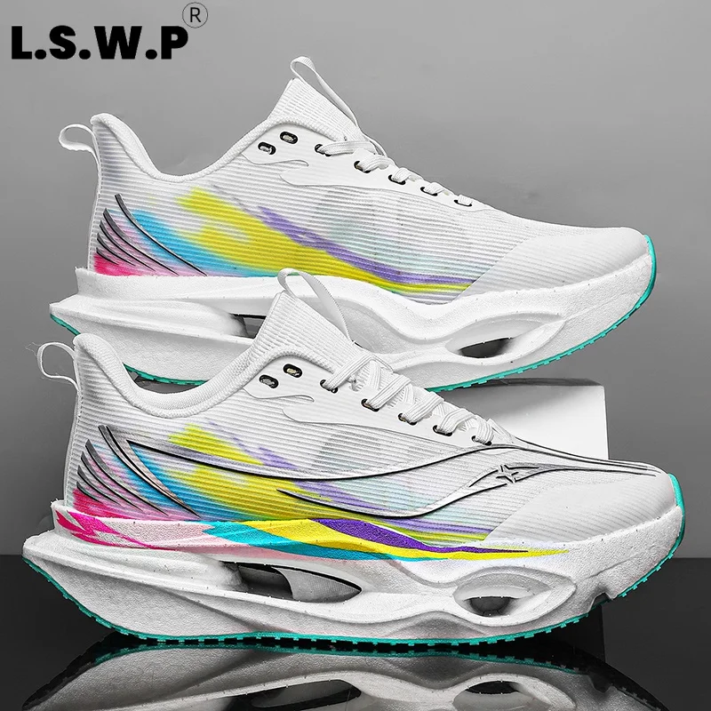 Men's Running Shoes, Trendy Men's Hollow-Out Shock-Absorbing Running Shoes, Cool Graffiti Print Fly-Knit Mesh Sneakers, High-Elastic Thick-Soled Lightweight Non-Slip Wear-Resistant Marathon Outdoor Fitness Sports Shoes for Men