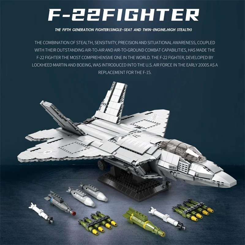 1729 pçs F-22 stealth lutador blocos de construção força aérea combate aeronaves modelo tijolos decoração desktop brinquedos diy para crianças presentes