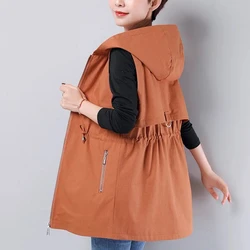 New Spring Autumn 4XL Vest Jacket Women Long Female Waistcoat Outwear Middle Aged Loose Hooded Casual Tops