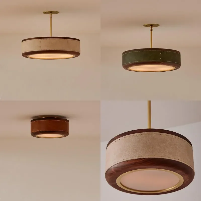 New Chinese Solid Wood Ceiling Lamp Retro Leather Chandelier for Bedroom Living Room Study Medieval Atmosphere Light Fixture