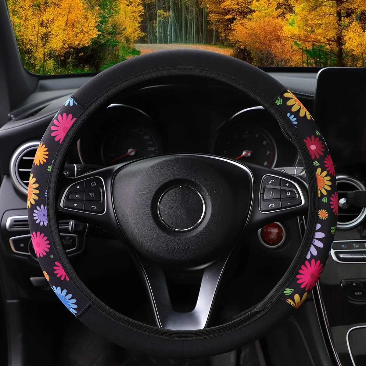 Kirschblüten-Chrysanthemen-Karo-Spinnennetz-Tauchstoff-Druck-Auto-Lenkradbezug ohne Innenring 38CM Damen – Detail 2