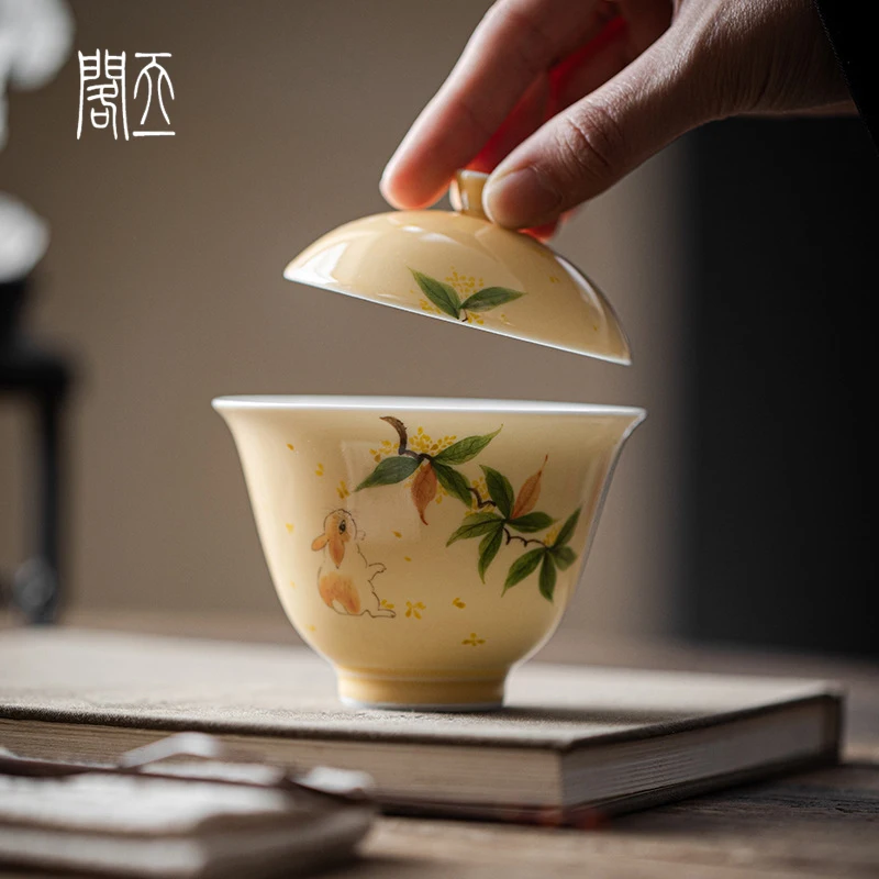 

Чайный сервиз ручной работы Tiange: белая фарфоровая посуда с глазурью и ручной росписью, чашка с узором из хризантем и кроликов, чаша с крышкой