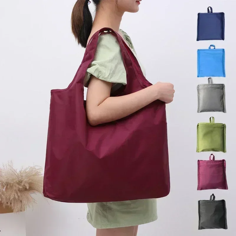 STN14 Eco-Friendly Folding Shopping Bag Reusable Portable Shoulder Handbag for Travel Grocery simple solid color grocery bag