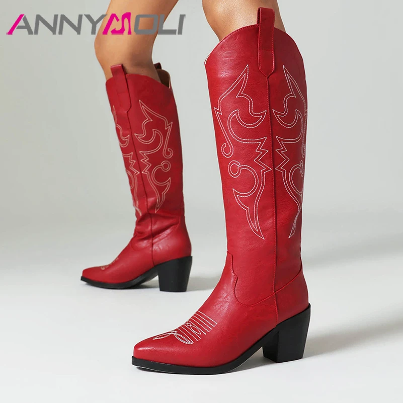 

ANNYMOLI Women Knee High Gogo Boots Round Toe Thick High Heels Embroidery Western Cowgirl Boots Ladies Fashion Shoes Winter 43