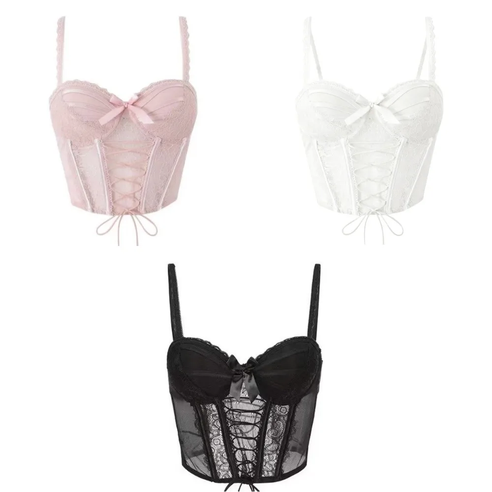 Doce plissado renda flor camisola bowknot tiras renda espartilho espinha de peixe sem mangas suspender colete picante meninas