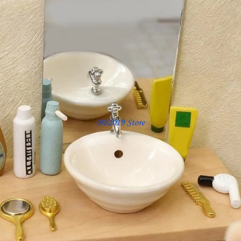 Q0KB White Porcelain Dollhouses Decors Bathroom 1:12 Miniature Basin Smooth Surfaces