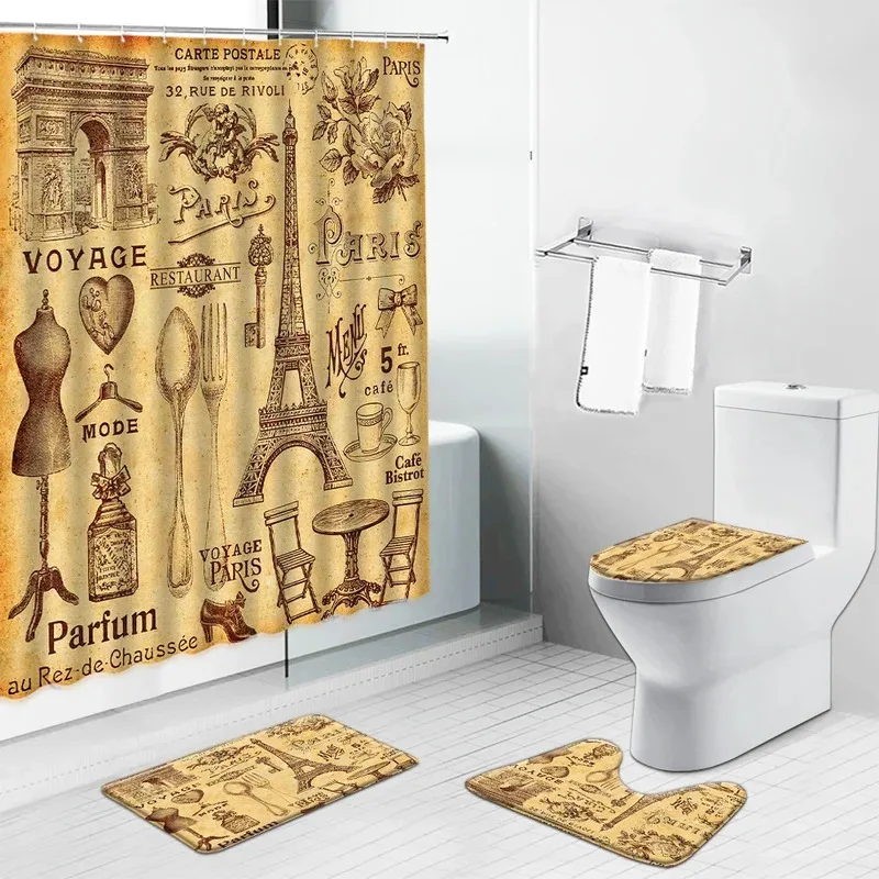

HKL22Ретро Набор старых газетных штор для душа Французский Париж Картина маслом Женский декор для ванной комнаты Фланелевая нескользящая крышка для унитаза Ba3Lh!