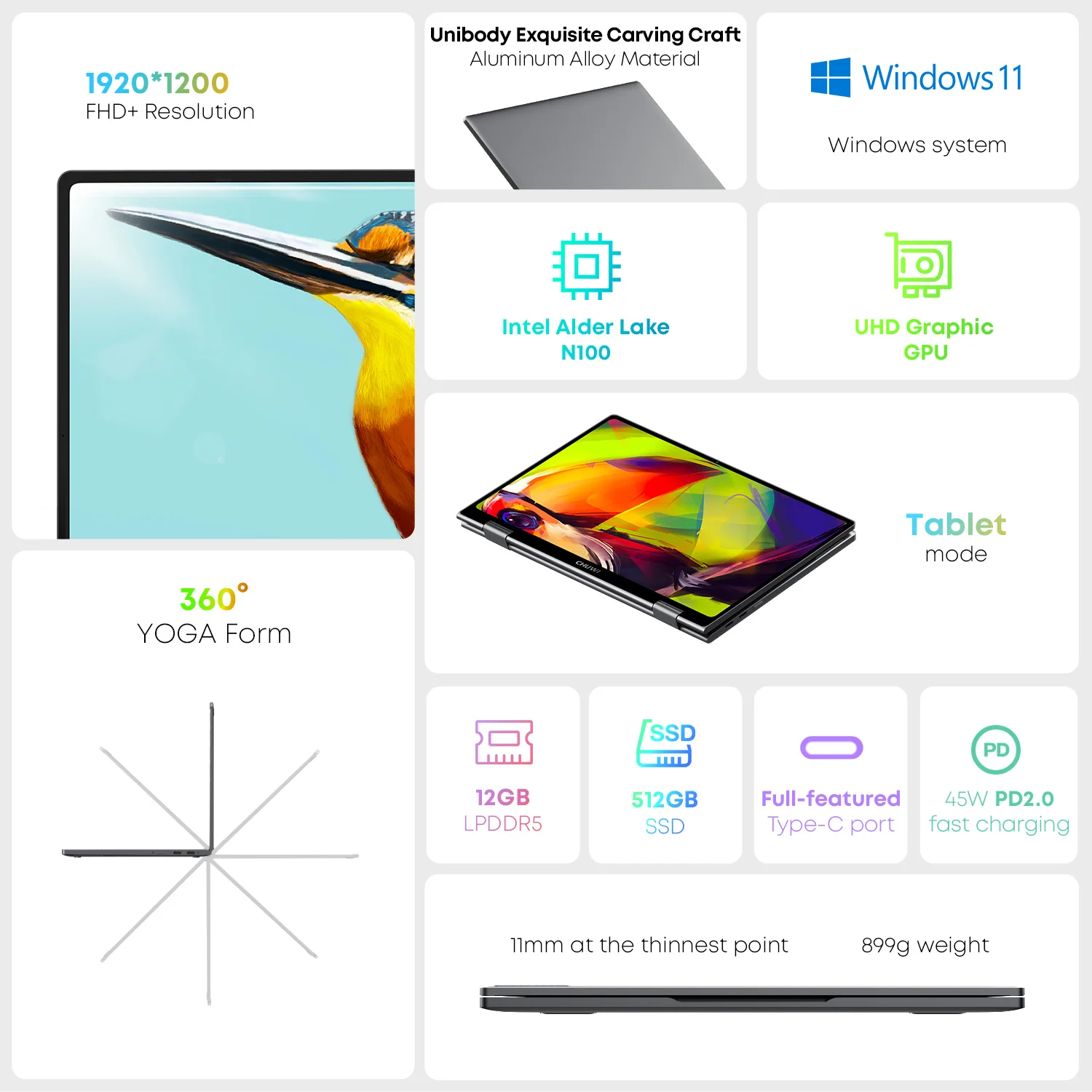 CHUWI MiniBook X 10.51 Inch 2-in-1 Tablet Laptop Intel N100 12GB LPDDR5 512G SSD Windows 11 Laptops Mini Notebook 2K FHD WiFii 6