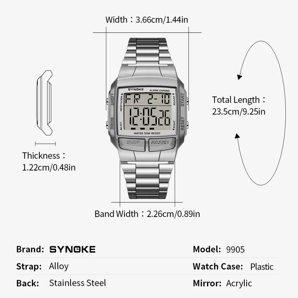 Luxury LED Digital Watches for Men Plastic Case Alloy Gold Sliver Strap Electronic Watch Fashion Business Mens Clock