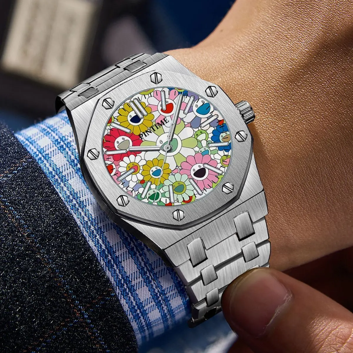 

Trendy Sunflower Graffiti Men's Quartz Watch, Street Hip-Hop Style Octagonal Steel Band Wristwatch, Waterproof and Scratch-Resistant Design, Same Style as Instagram Influencers, a Must-Have for Trendy Men, Versatile Watch for Students and Skateboard Youth