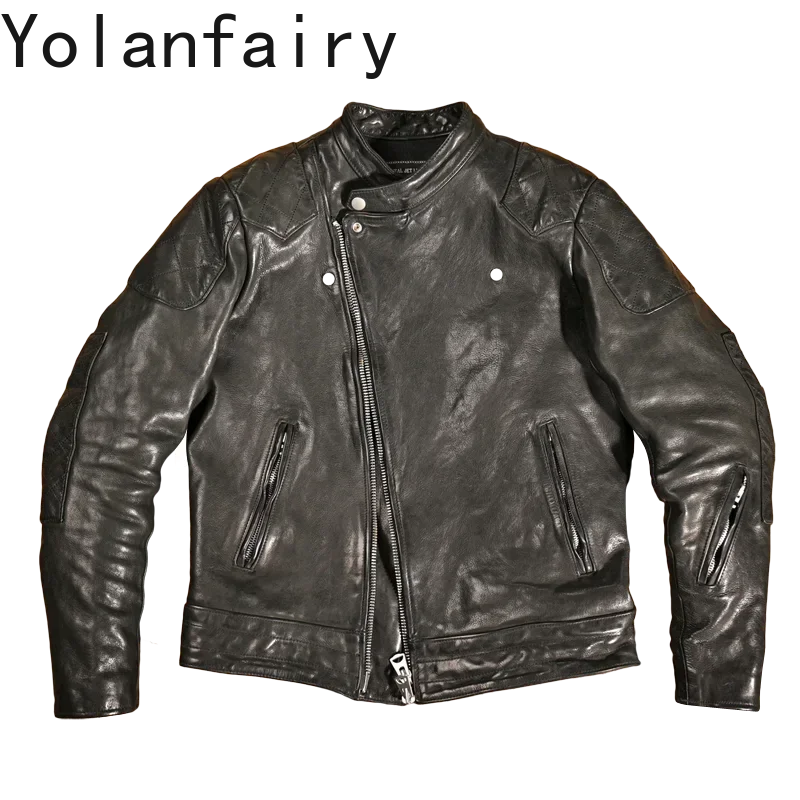 

YOLANFAIRY 100% Cow Leather Jacket Men Genuine Top Layer Cowhide Leather Man Jacket High Quality Spring Men's Motorcycle Jackets