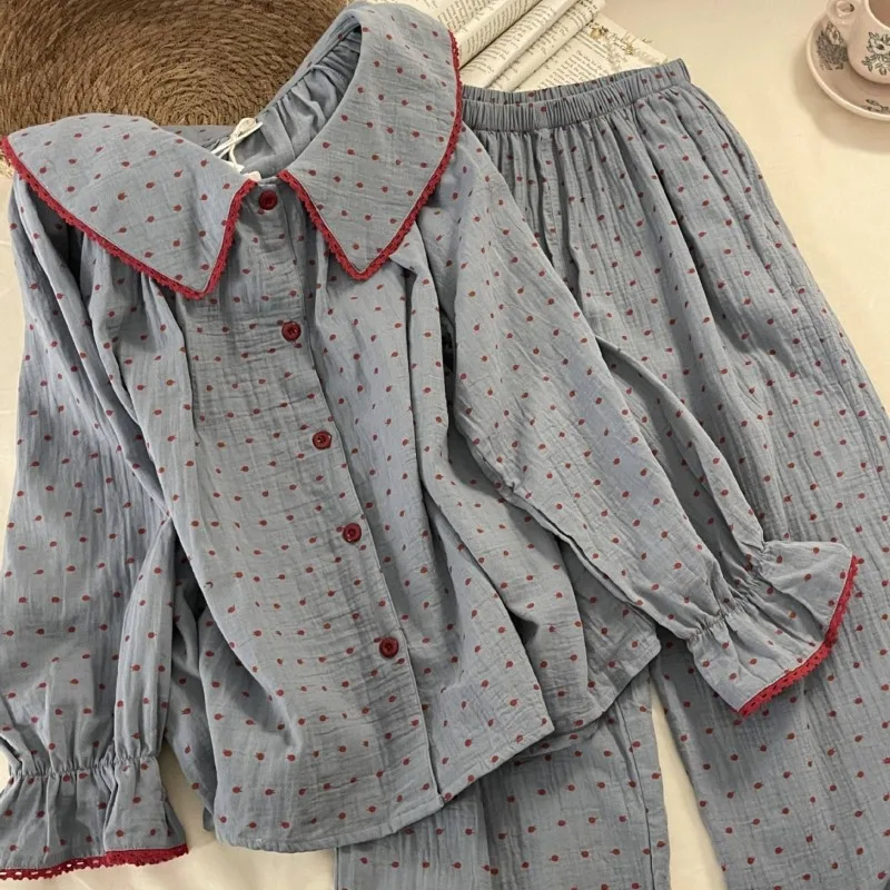 Polka Dot Sleepwear Women Pajama Sets Korean Pants Sets for Women 2 Pieces Ruffles Night Wears Autumn Ruffles Button Home Suit