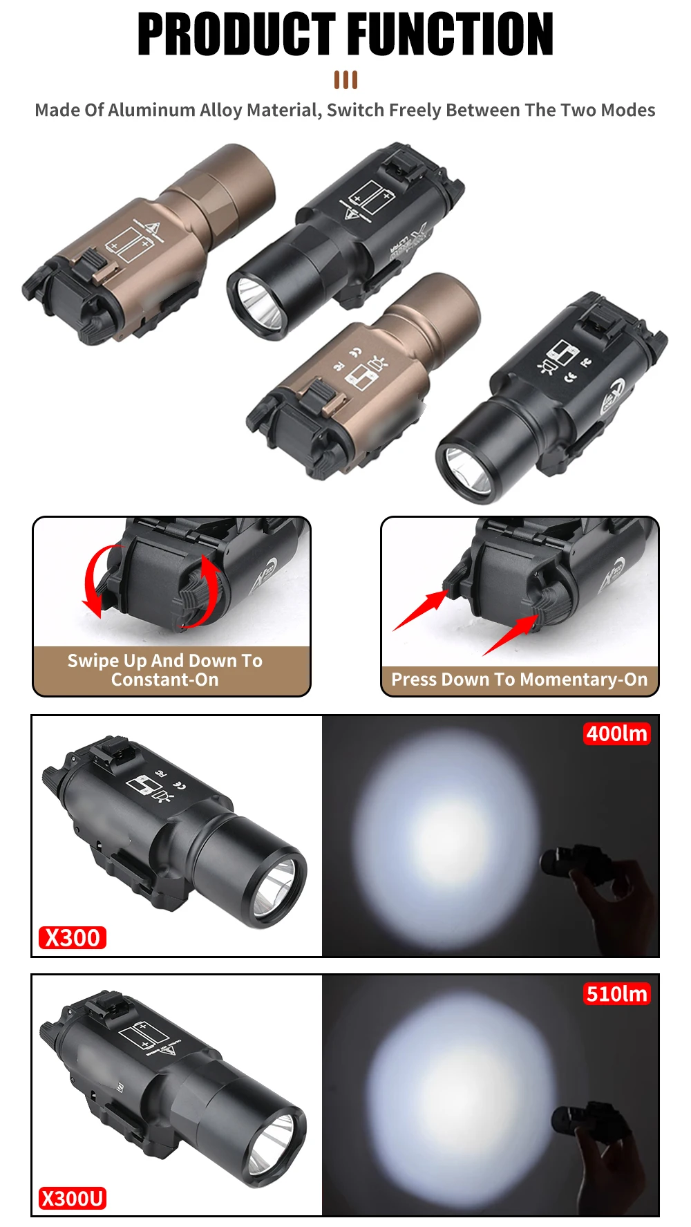 Tactical light X300U X300 Ultra High Output LED Handgun Flashlight X400 Fit Picatinny Rail Pistol Airsoft Hunting Lighting