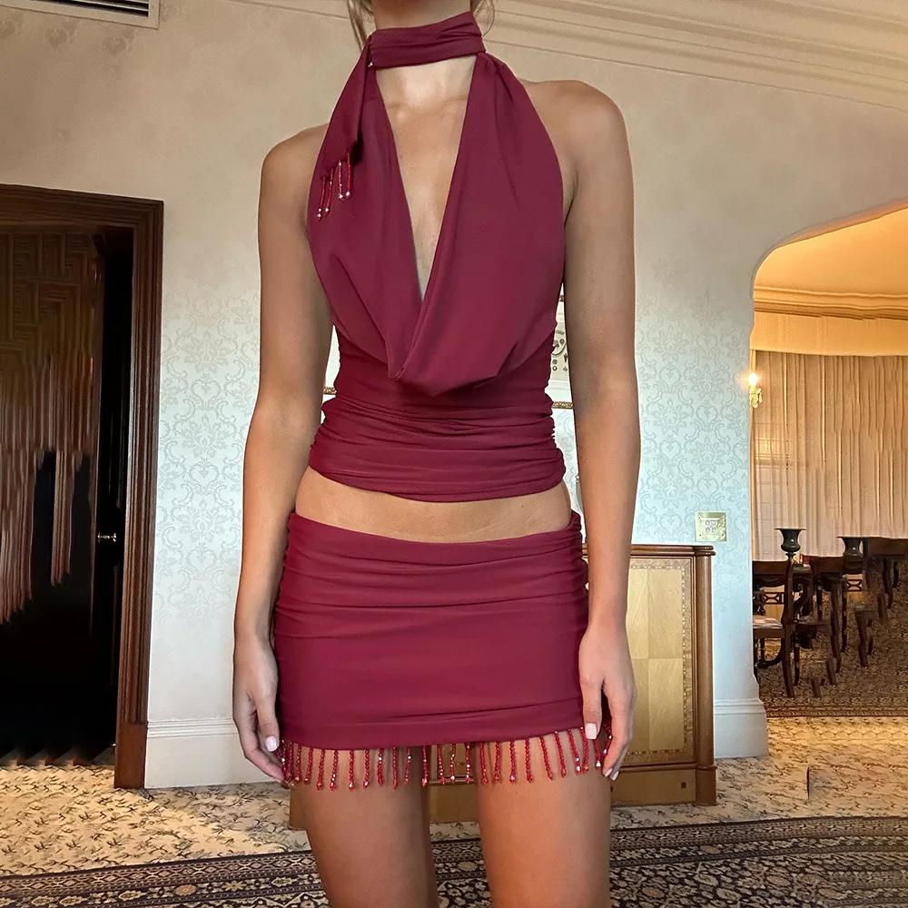 

Women's Red Skirt Sets Sexy Halter Backless Slim Holiday Outfits Fashion Tassel Top and Mini Skirt Club Party Two Piece Set 2025