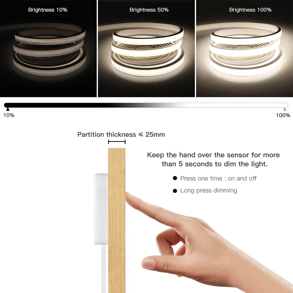 Dimmable Touch/Hand Sweep Switch COB Neon Strip Light 320LEDs/M USB 5V Waterproof For Kitchen Cabinet Makeup Mirror Backlight