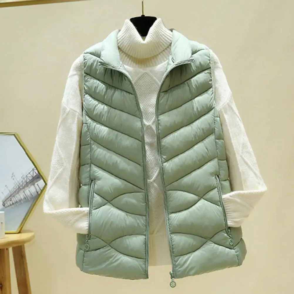 Solid Color Sleeveless Jacket Stylish Women's Padded Vest for Autumn Winter Ultra Light Sleeveless Jacket with Zipper for Home