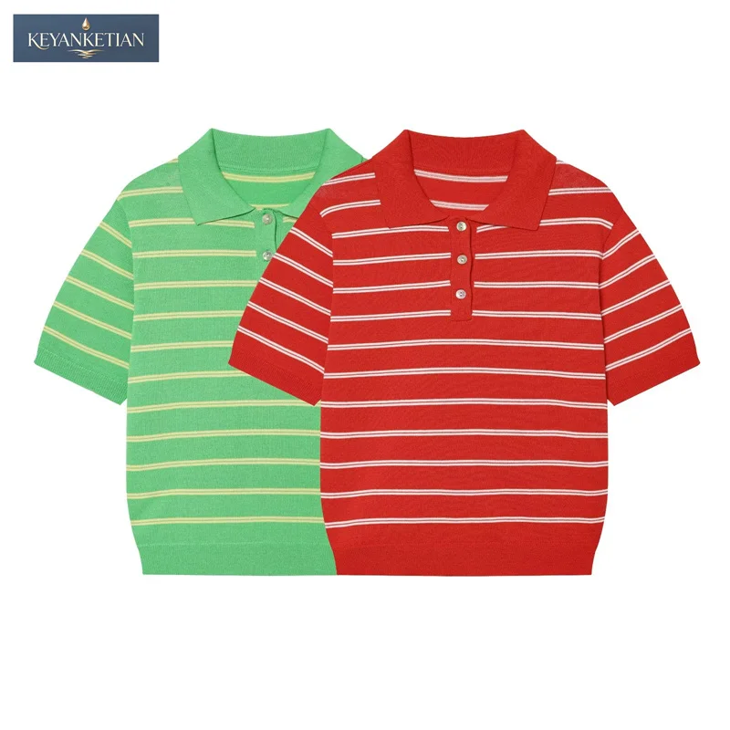 KEYANKETIAN 2026 Summer Retro Casual Striped Knit Polo Fitted Silhouette Short Sleeves Button Placket Madam Thin Pullover