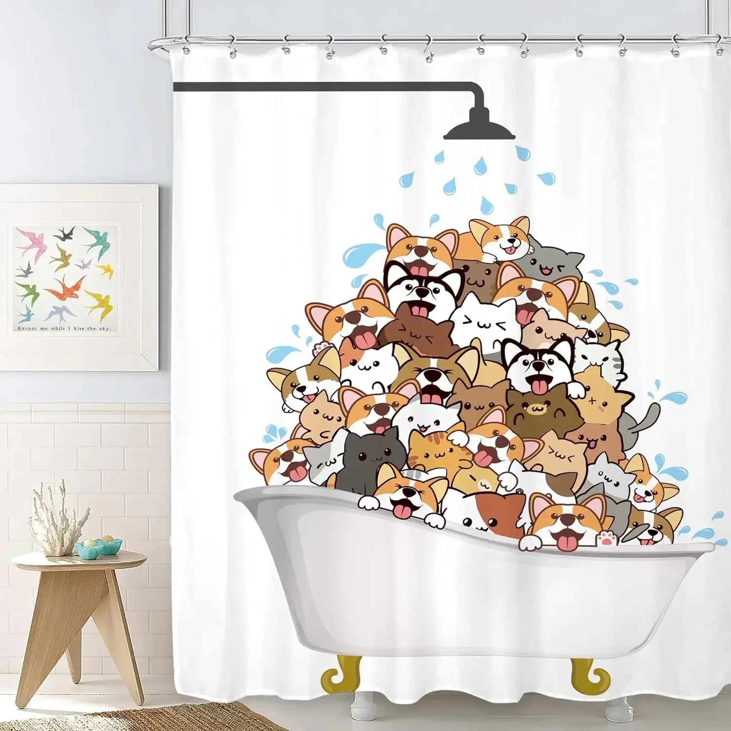 Funny Animal Shower Curtain, Farm Cartoon Cat Dog Crane Cute Shower Gray Dinosaur Silhouette Bathtub Play Water, Bathroom Decor