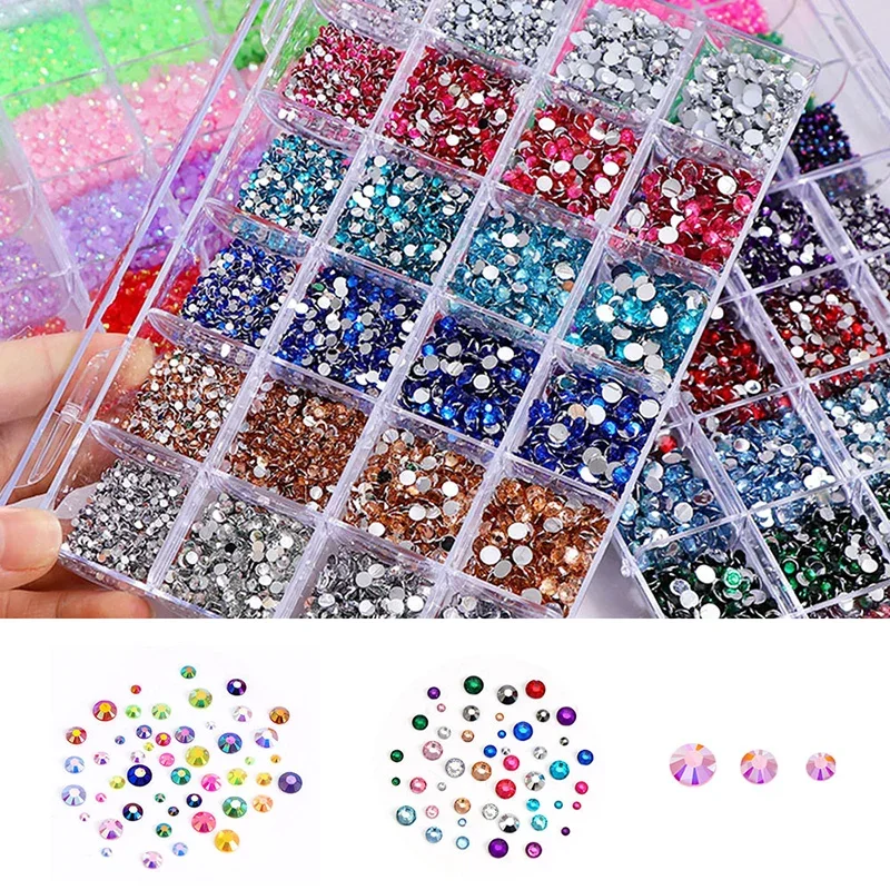 24 Grids Crystals Nail Rhinestones Nail Art Decorations 2-5mm Resin Glitters Gems Stones Salon Nail Supplies Manicure Tools