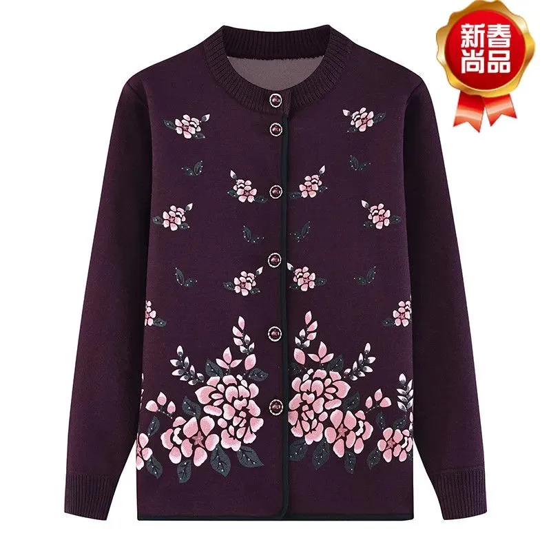 One Piece Fleece Middle-Aged Elderly 2022 New Spring Autumn Winter knitting Coat Cardigan Sweater Grandmother Thick Jacket