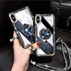 Mirror Rhinestone Makeup Women Phone Case For iPhone 16 15 Pro Max 15 Plus 15 Pro Diamond Finger Ring Cover