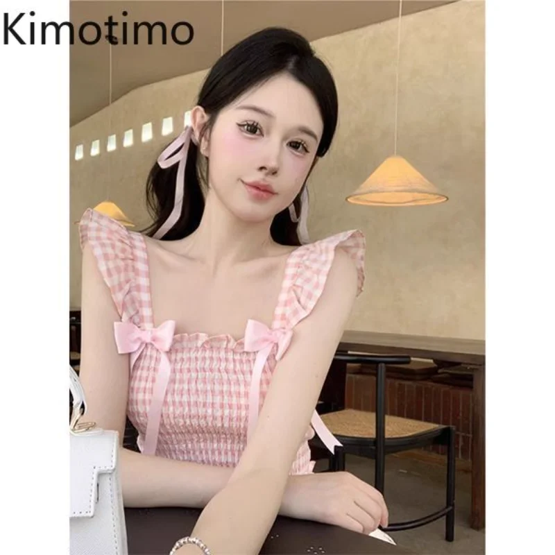 

Kimotimo Japanese Sweet Bow Pink Plaid Short Shirt Women 2025 Summer Square Collar Slim Fit Folds Top Flying Sleeve Y2k Blouse