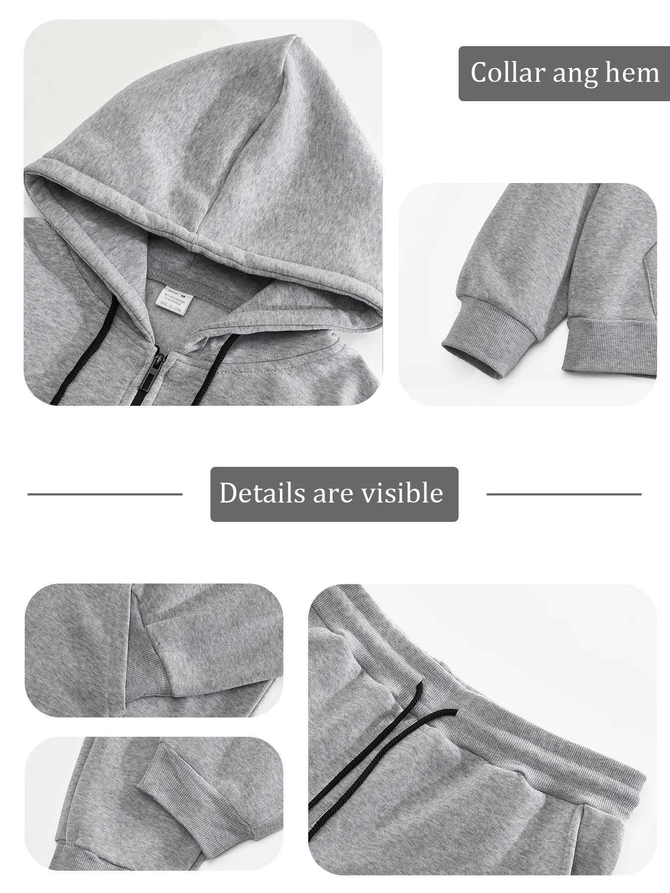 Herbst-Winter Herren Fleece Zweiteiler Set Einfarbiger Zip-Hoodie Jogginghose Warme Freizeitkleidung Locker Sitzender Täglicher Trainingsanzug – Detail 7