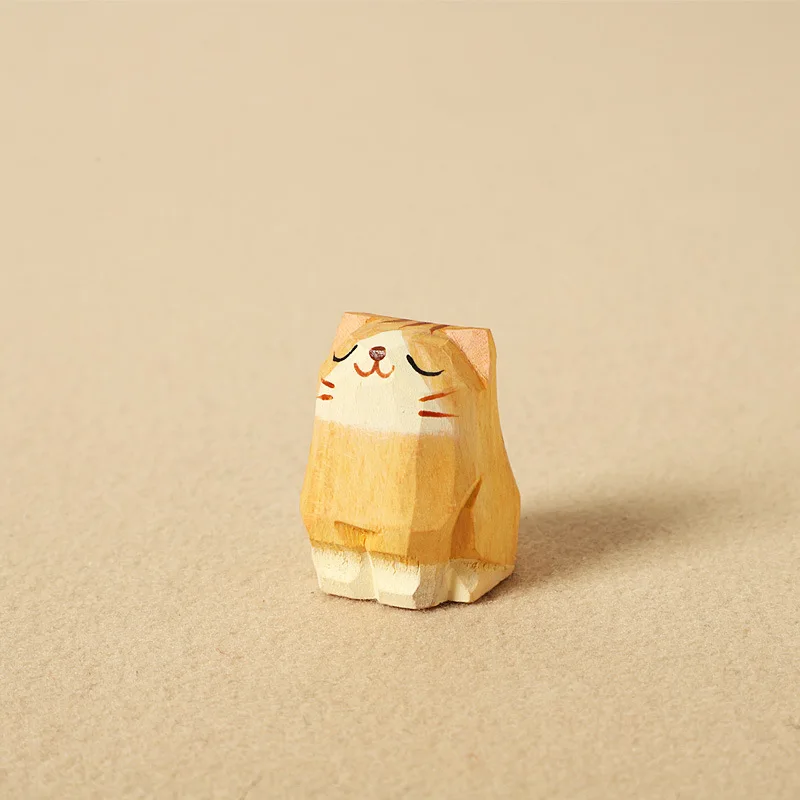 1pc Wooden small animal ornaments Pure handmade wooden carving handicrafts home decoration accessories Gift kitten ornaments