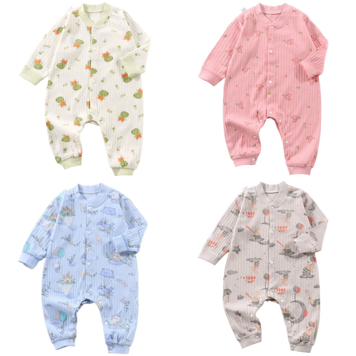 

Baby Cartoon Print Long Sleeve Romper, Newborn Infant Ribbed Cotton Jumpsuit Multi-Color Baby Onesie for Spring Autumn