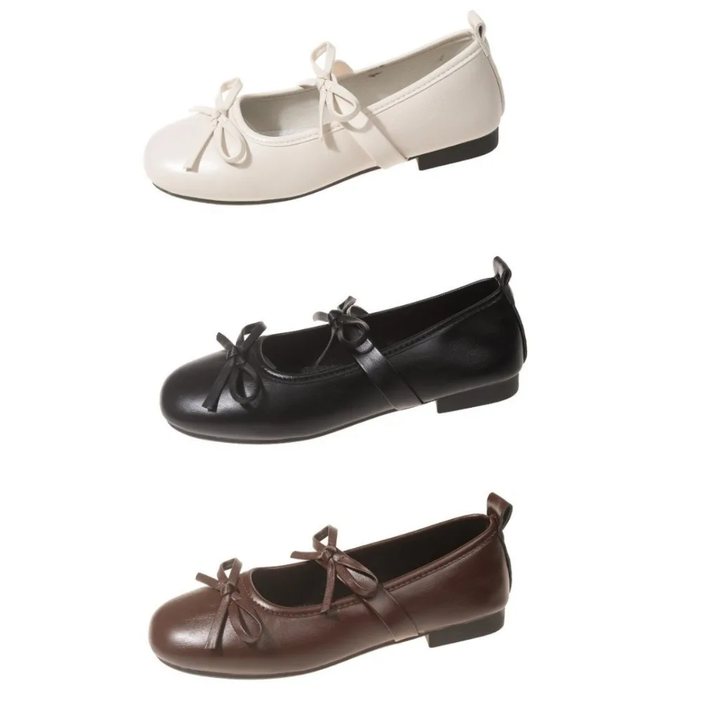أحذية مسطحة بعقدة حلوة قابلة للتنفس ونعل ناعم من جلد البولي يوريثان سهلة الارتداء بلون سادة كاجوال أحذية باليه مسطحة للفتيات
