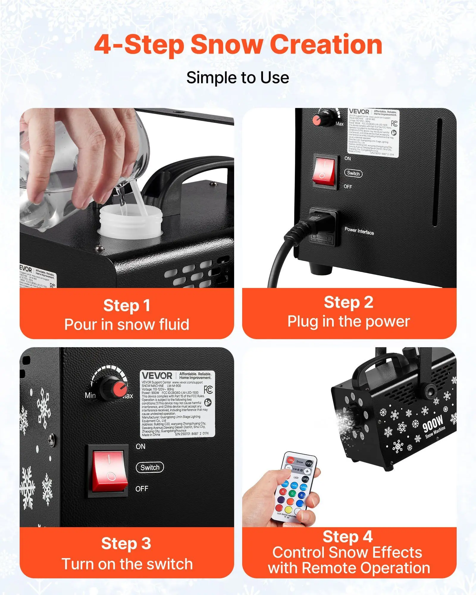 900W sneeuwmachine met 9LED RGB-verlichting en draadloze afstandsbediening 12LED-verlichtingskleuren voor kerstfeest, bruiloft en podiumdecoratie