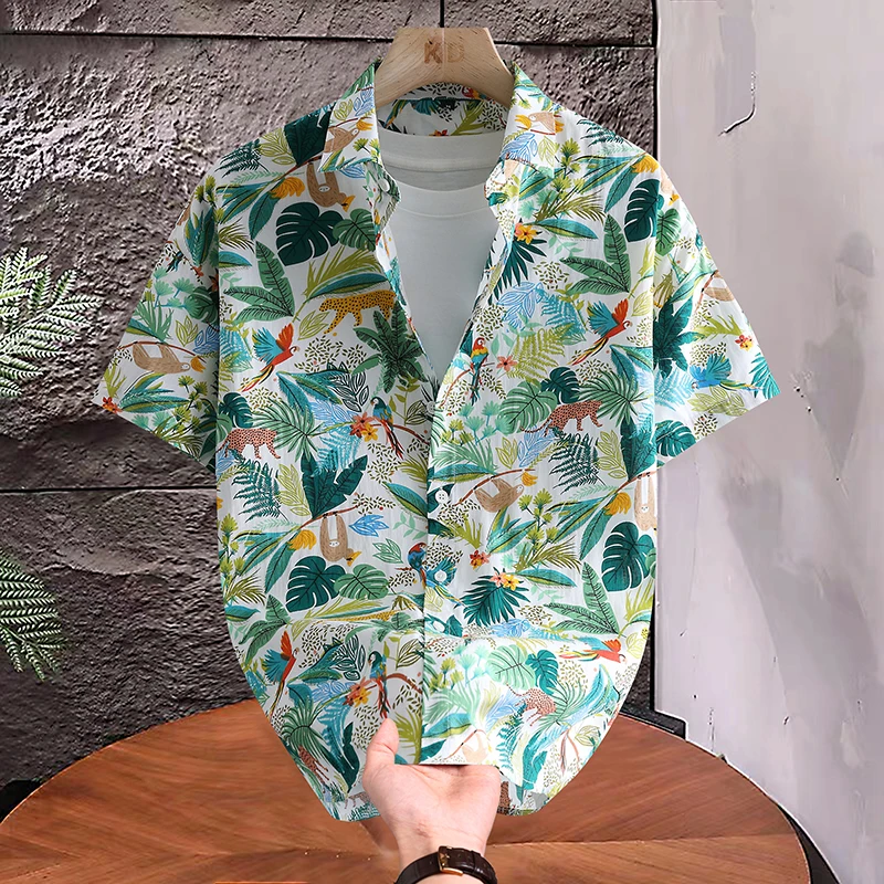 Men's Short Sleeve Floral Shirt Summer Trendy Breathable 100% Cotton Personality Print Hawaiian Style Top Travel Beach Vacation