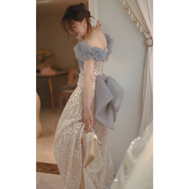 Vestido de Noche Largo de Verano 2026 para Mujer, Nuevo, con un Solo Hombro, Brillante, Estilo Cola de Pez, Elegante, Estilizador, para Fiesta o Brindis Nupcial