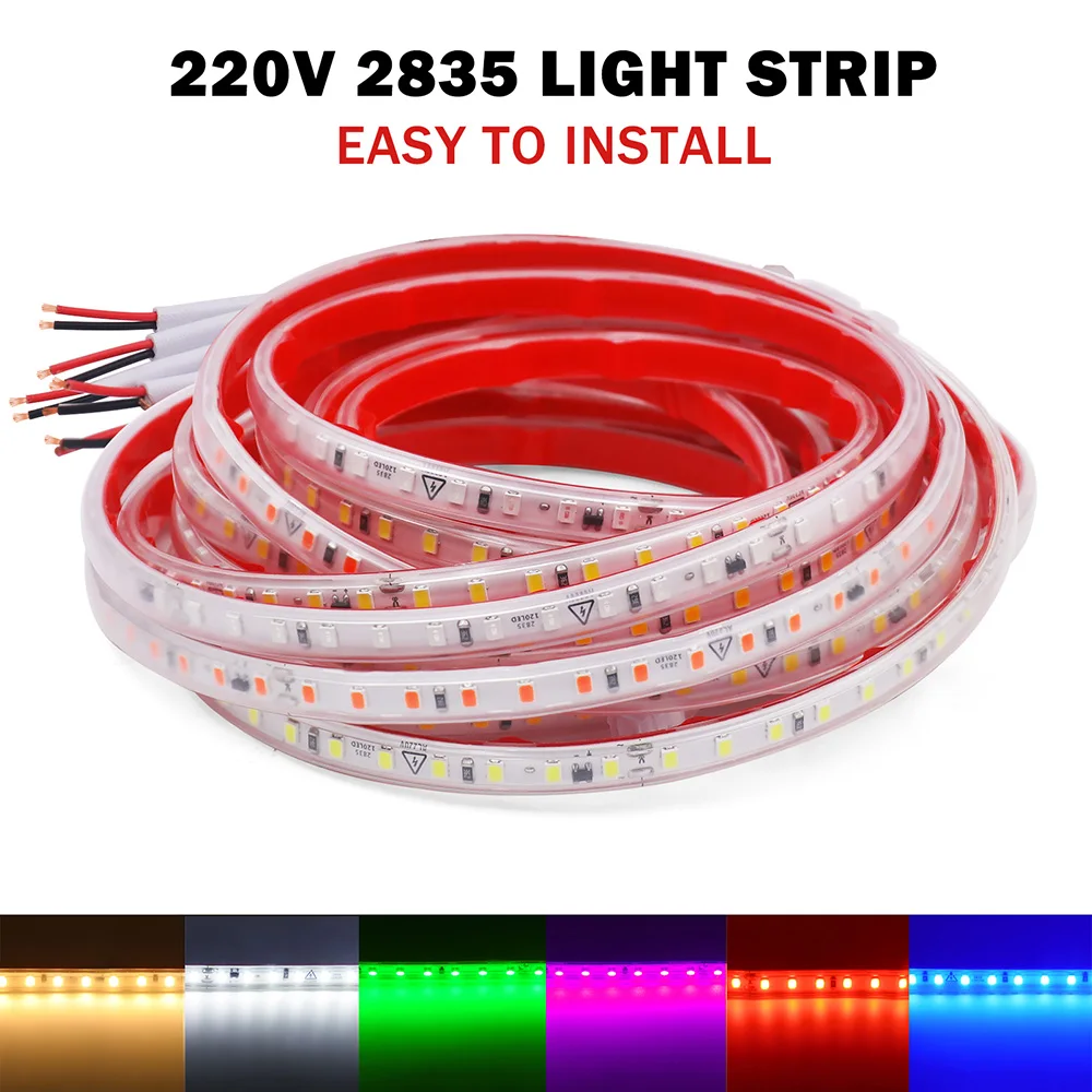 220V 2835 LED Strip Light with 2pin Wire 120LED/m High Brightness Lighting Waterproof Flexible Led Tape Diode Lamp 9 Colors