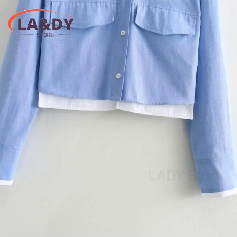 Shirt For Women 2024 Spring Autumn Fashion Single-Breasted Splice Female Casual Long Sleeve Pocket Short Blouses Tops