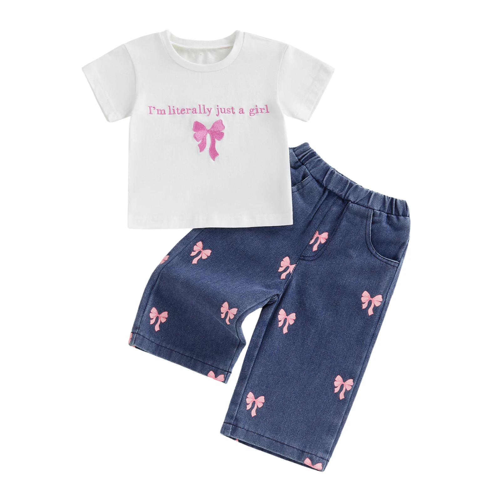 طقم ملابس للأولاد الرضع مكون من قطعتين تي شيرت مطبوع برقبة دائرية وأكمام قصيرة وخصر مطاطي من قماش الدنيم