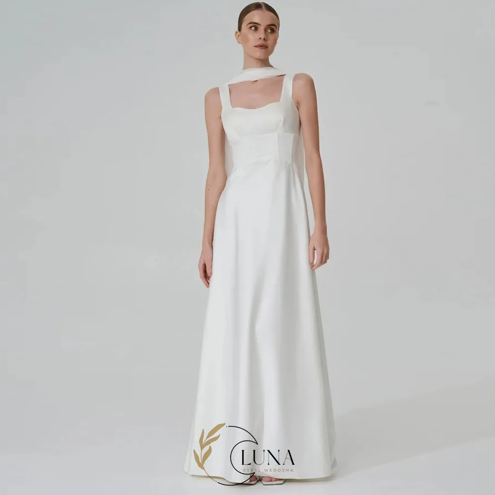 Luna Simple Civil Wedding Dresses Sleeveless Floor-Length Bridal Photography Gown with Scarf A Line Satin Customized Dress