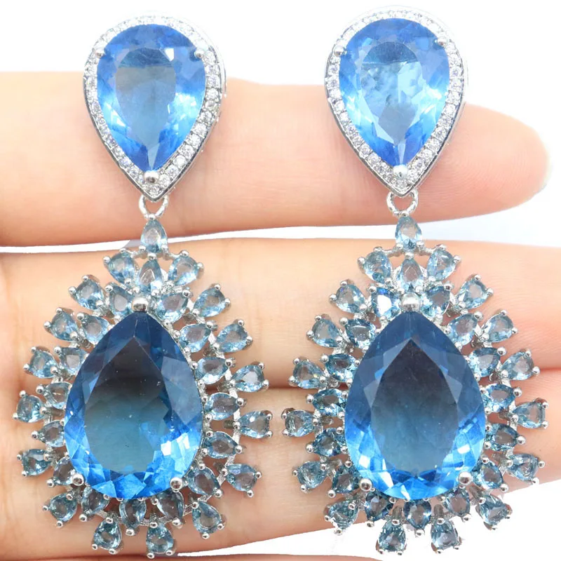 60x28mm Eye Catching Long Big Size London Blue Topaz Women Dating Silver Earrings
