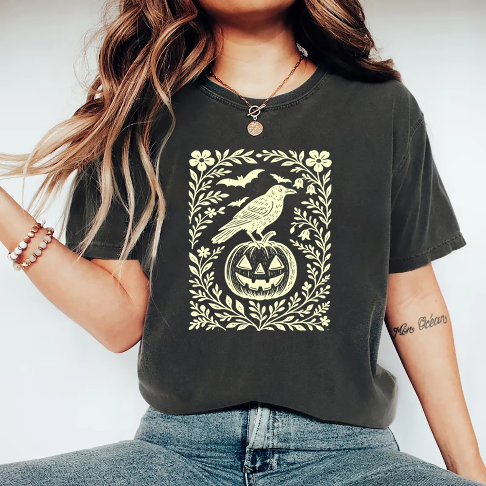 

Halloween Crow Pumpkin T Shirt Jack O Lantern Floral Halloween T-Shirt Women Short Sleeve T-shirts Halloween Party Crewneck Tee