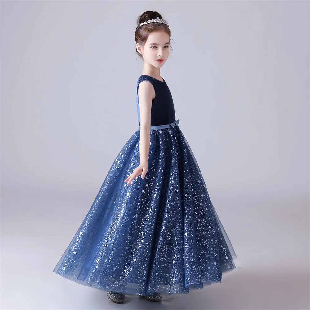 Dideyttawl Customized Navy Blue Dress For Girl Shiny Tulle Flower Girl Dresses Sleeveless Kids Birthday Formal Princess Gowns