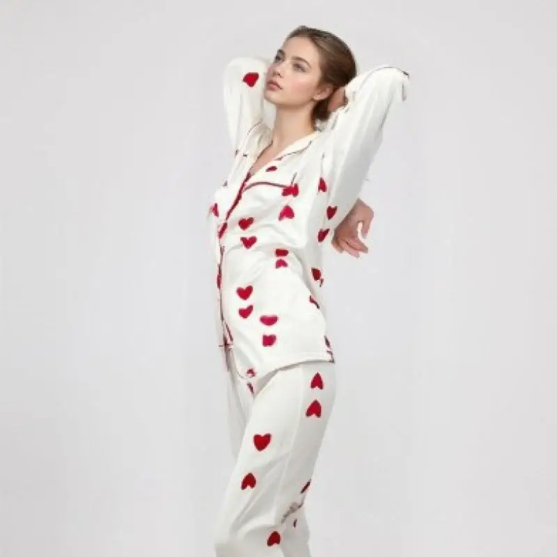 Women Elegant 2 Pcs Pajamas Set Autumn Soft Long Sleeves Lapel Homewear Sleepwear Print Warm Shirt&pants Comfy Casual Sleepwear
