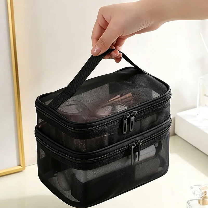 Portable Handheld Mesh Cosmetic Pouch Large Capacity Toiletry Organizer Multifunctional Travel Makeup Storage Bag