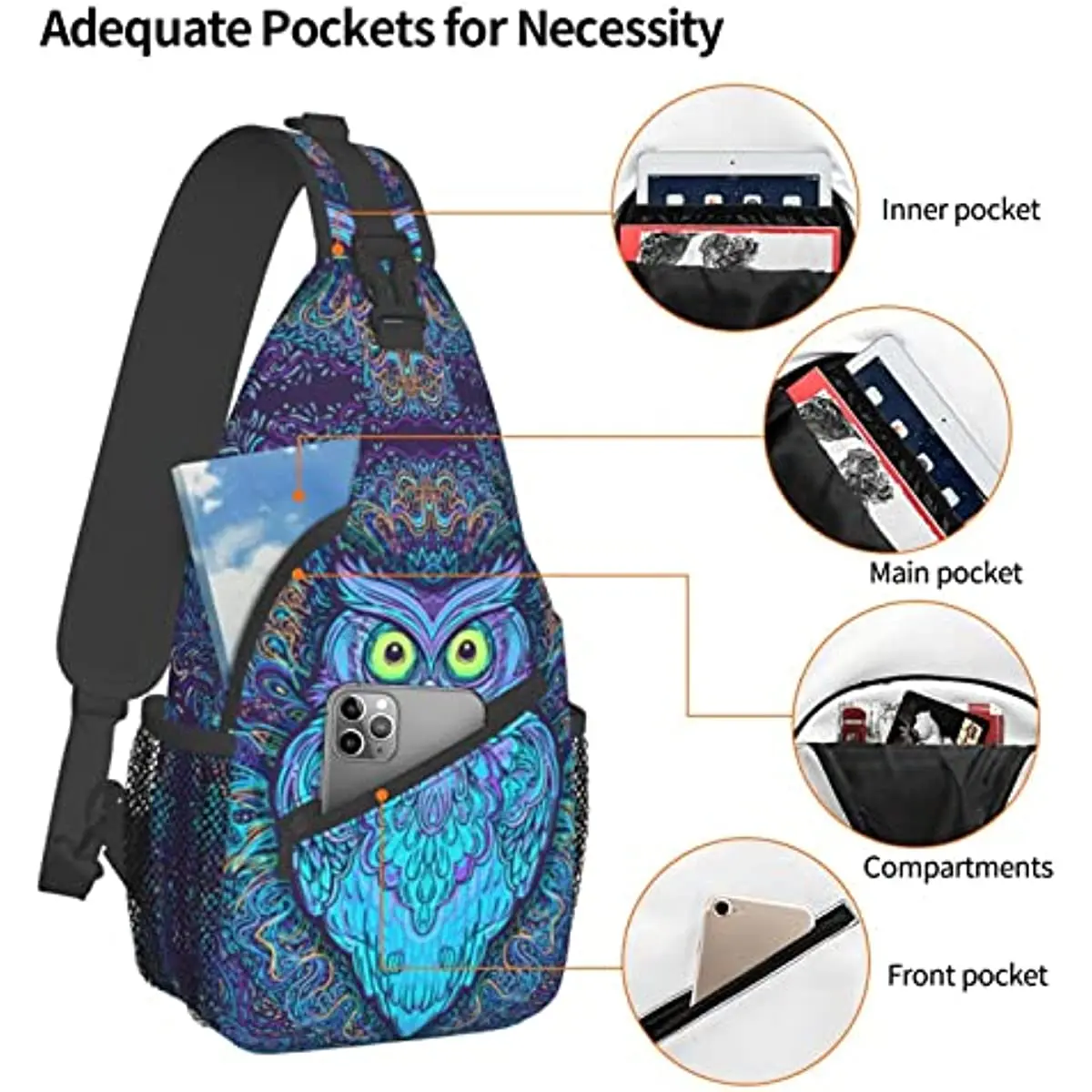 Oil Painting Owl Sling Bag Hiking Travel Backpack Waterproof Adjustable Daypack Crossbody Shoulder Chest Bag for Women Men