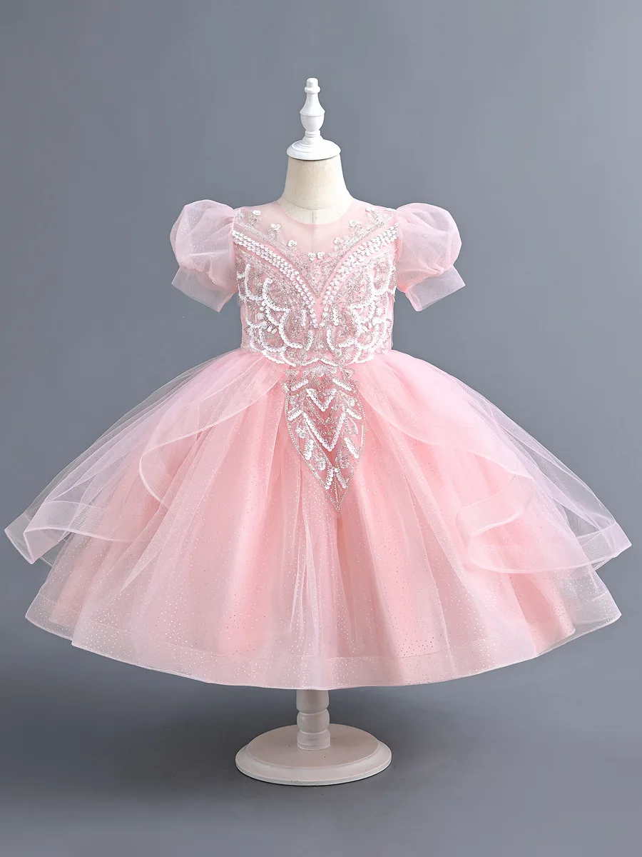 

Pink Tulle Flower Girl Dress Wedding Kid Tutu Gown O Neck Zipper Back Princess First Communion Dress Kid Size 3-14Y